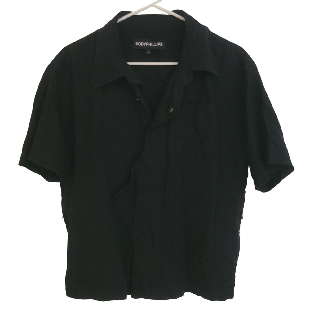 Kody‎ Phillips Mens Small Black Linen Tencel Asymmetrical Short Sleeve Shirt Zip